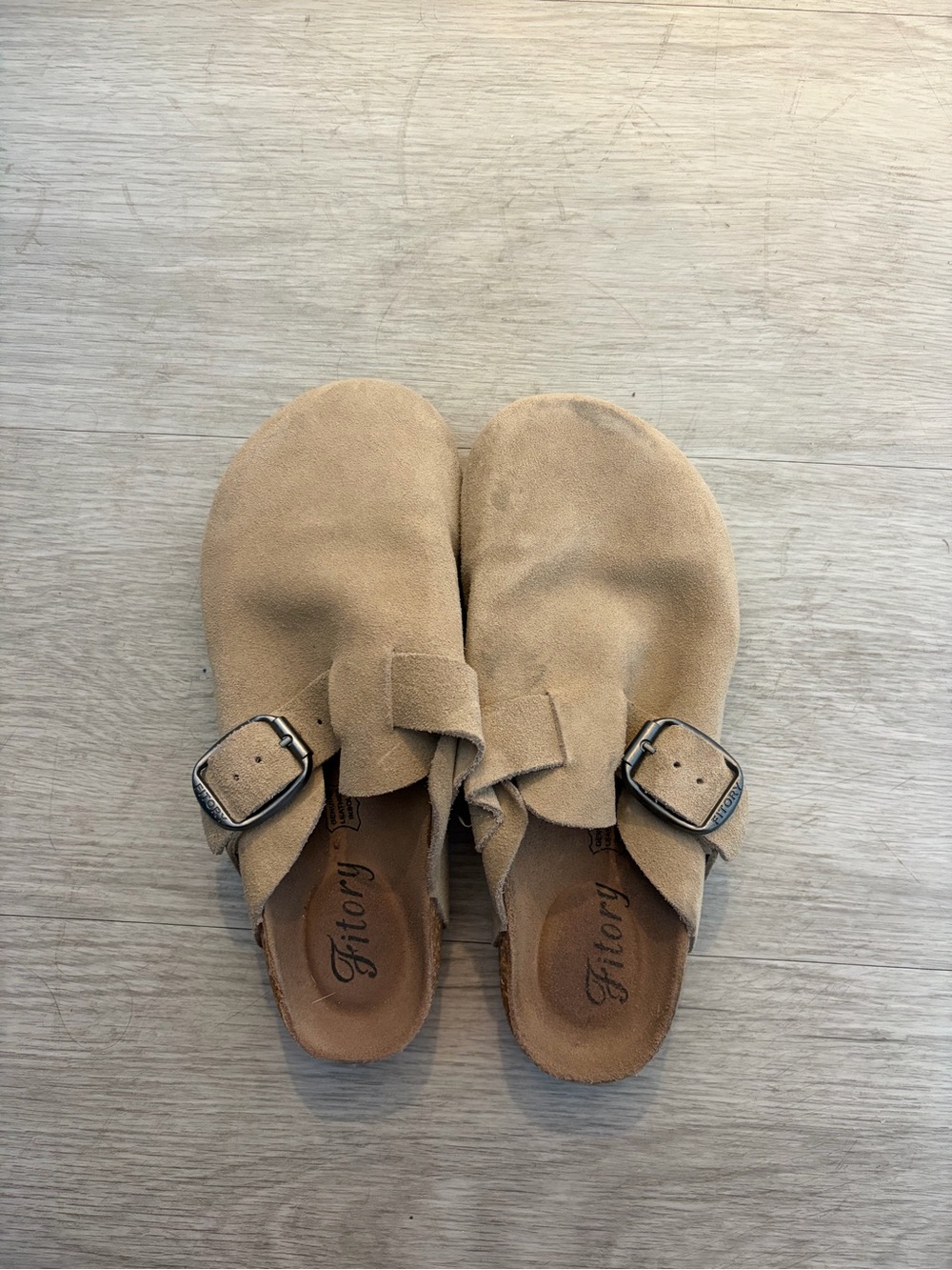 Women's Suede Slip-On Clog Mule in Beige with Buckle